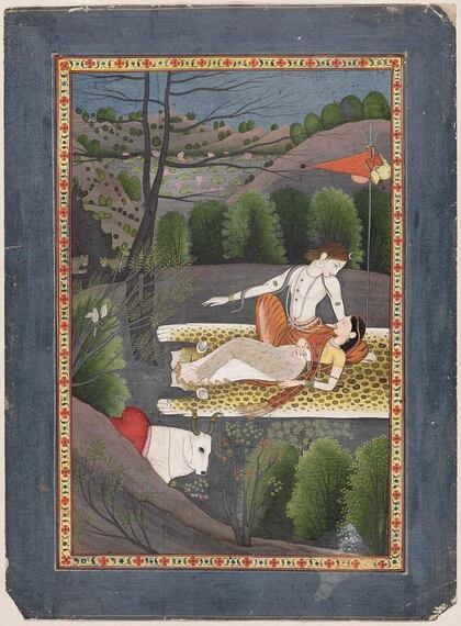 Shiva vela a Parvati dormida, pintura pahari, c. 1780–90